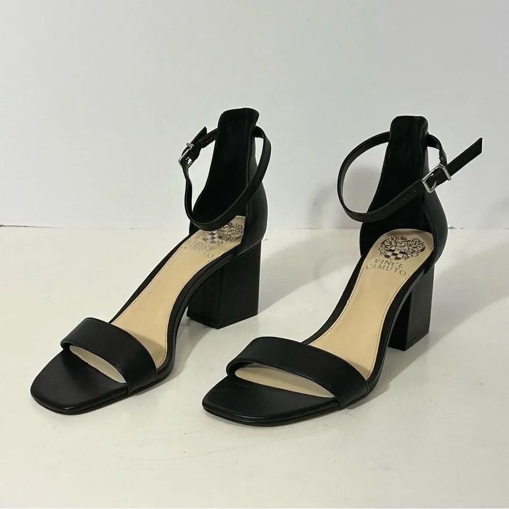 Vince Camuto Black Leather Square Toe Heel Sandal w/ Ankle Strap | Women size 8